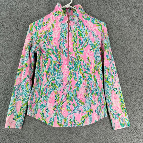 Lilly Pulitzer Tops - Lilly Pulitzer Skipper Popover Women XS Pink Tropical Feather Half Zip Pullover